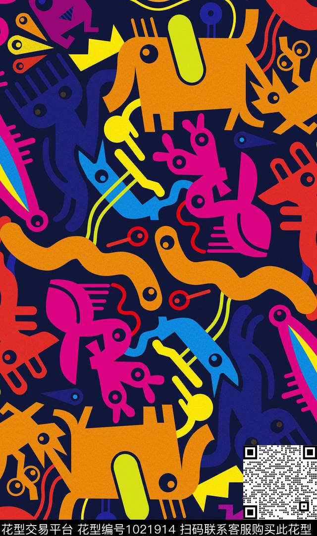 卡通动物民族风潮牌数码印花华亿平台下载（图片编号: 1021914） - 瓦栏（Walan）