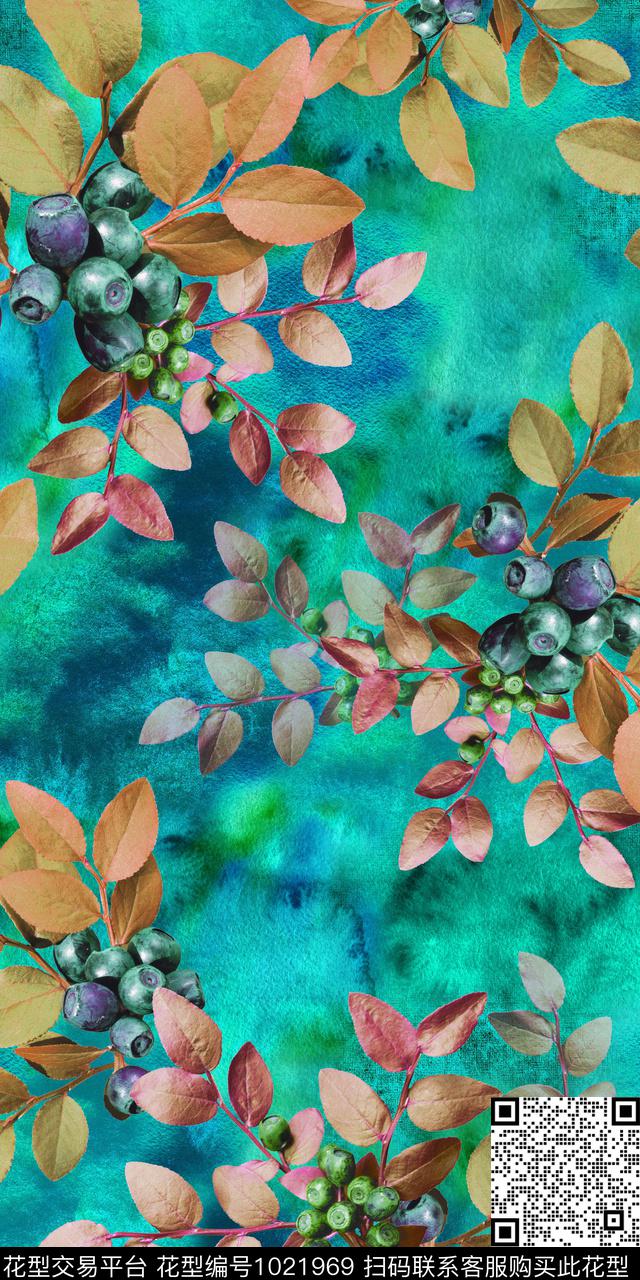 手绘花卉手绘叶子底纹数码印花华亿平台下载（图片编号: 1021969） - 瓦栏（Walan）