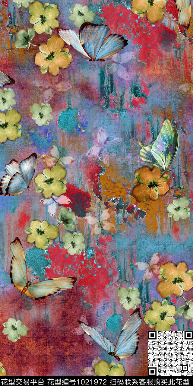 手绘花卉蝴蝶花鸟数码印花华亿平台下载（图片编号: 1021972） - 瓦栏（Walan）