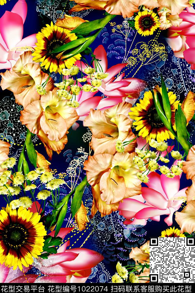 花卉复古混合拼接数码印花华亿平台下载（图片编号: 1022074） - 瓦栏（Walan）