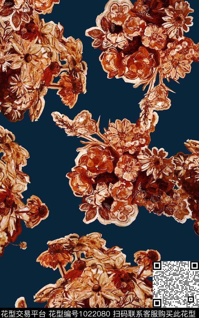 抽象花卉手绘大花复古女装数码印花华亿平台下载（图片编号: 1022080） - 瓦栏（Walan）