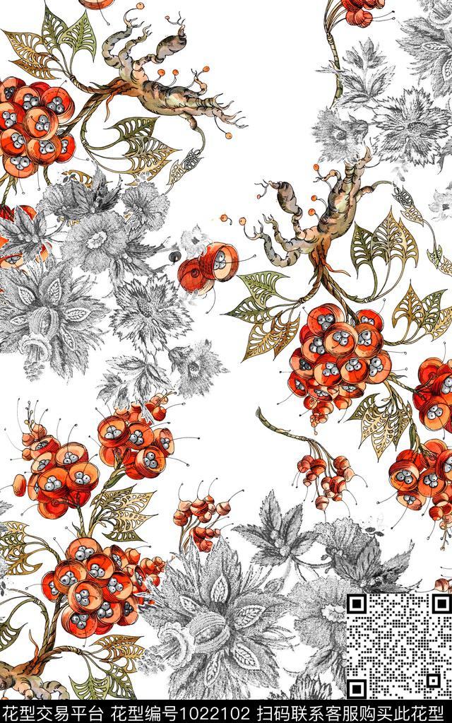 小碎花线条花卉水彩花卉数码印花华亿平台下载（图片编号: 1022102） - 瓦栏（Walan）