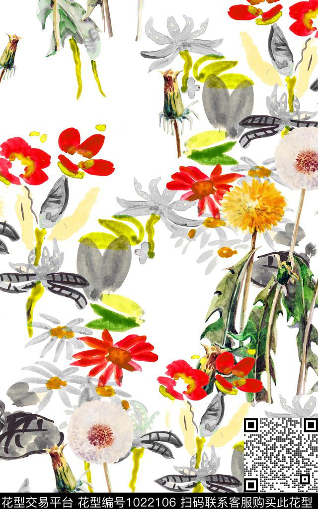 小碎花线条花卉水彩花卉数码印花华亿平台下载（图片编号: 1022106） - 瓦栏（Walan）
