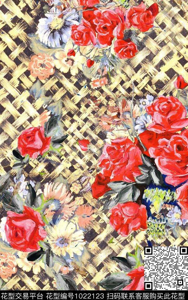格子几何花卉数码印花华亿平台下载（图片编号: 1022123） - 瓦栏（Walan）
