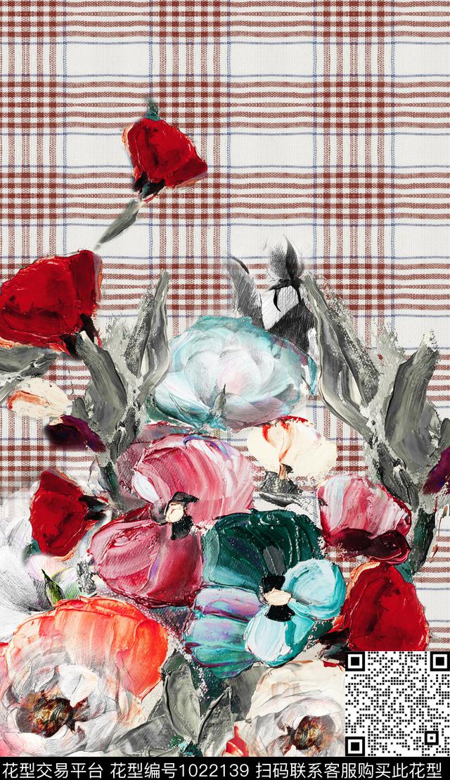 格子定位花花卉数码印花华亿平台下载（图片编号: 1022139） - 瓦栏（Walan）