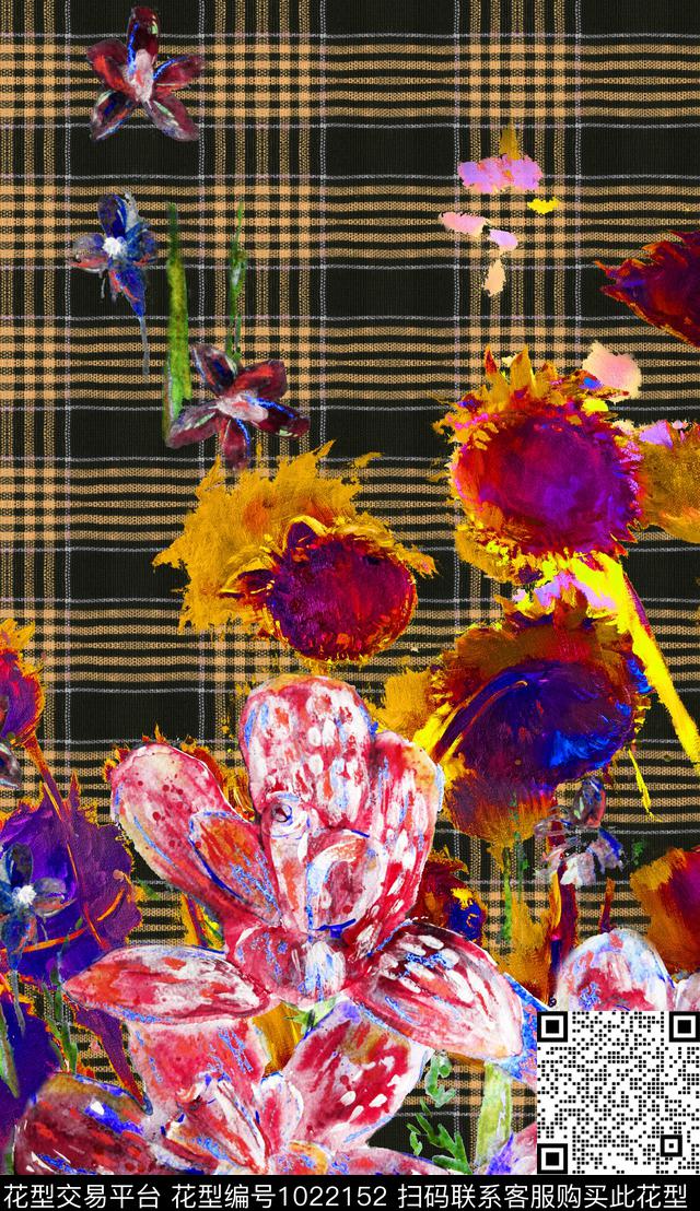 格子定位花花卉数码印花华亿平台下载（图片编号: 1022152） - 瓦栏（Walan）