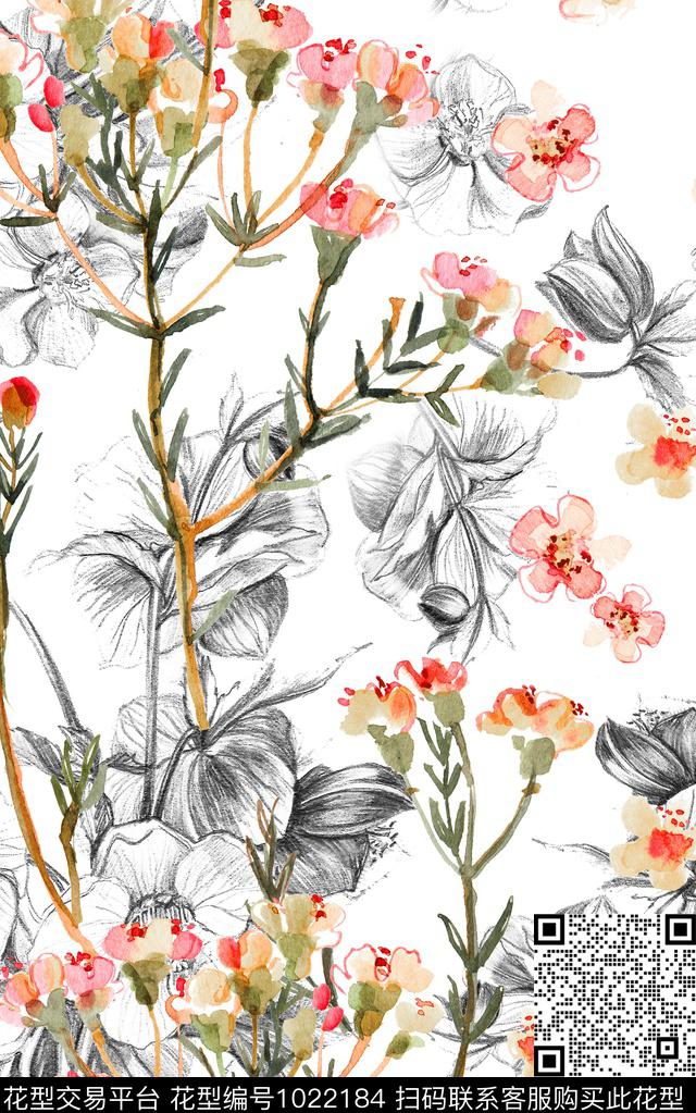 小碎花线条花卉水彩花卉数码印花华亿平台下载（图片编号: 1022184） - 瓦栏（Walan）