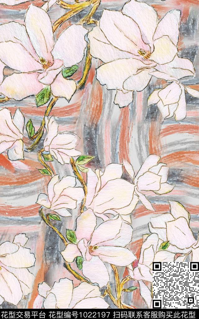 格子线条花卉笔触数码印花华亿平台下载（图片编号: 1022197） - 瓦栏（Walan）