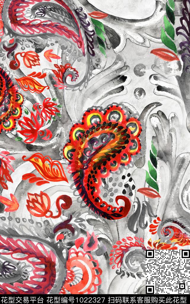 民族风佩斯利水彩花卉数码印花华亿平台下载（图片编号: 1022327） - 瓦栏（Walan）
