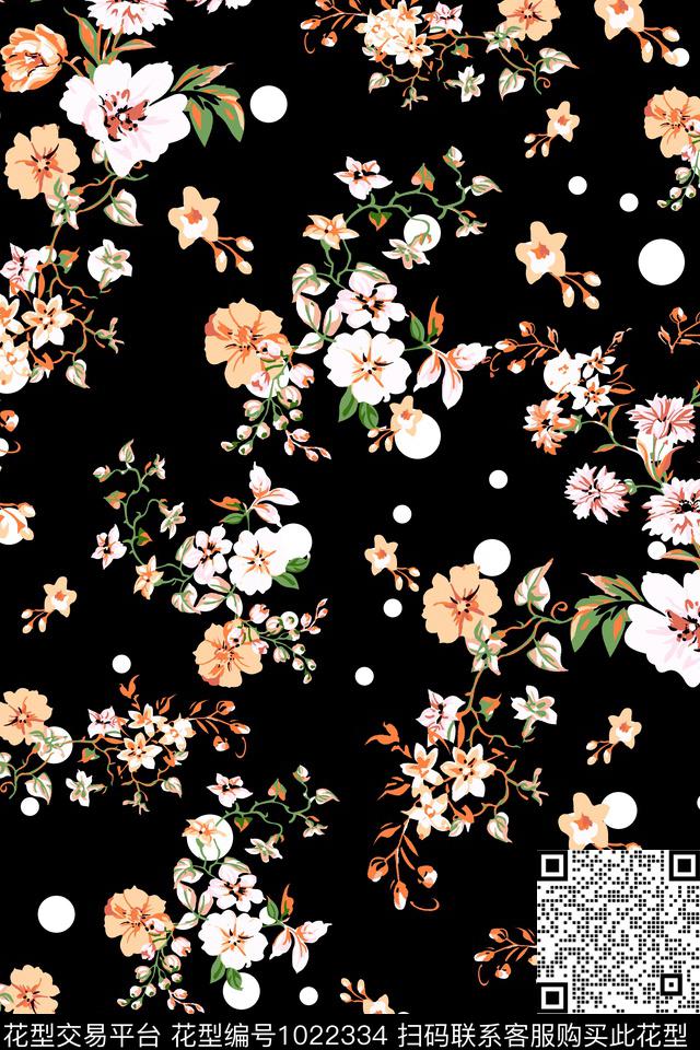 黑底花卉小碎花手绘花卉传统印花华亿平台下载（图片编号: 1022334） - 瓦栏（Walan）