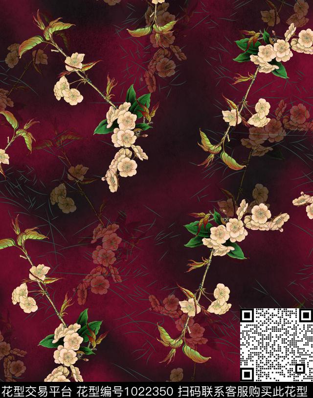 香云纱花卉桃花数码印花华亿平台下载（图片编号: 1022350） - 瓦栏（Walan）