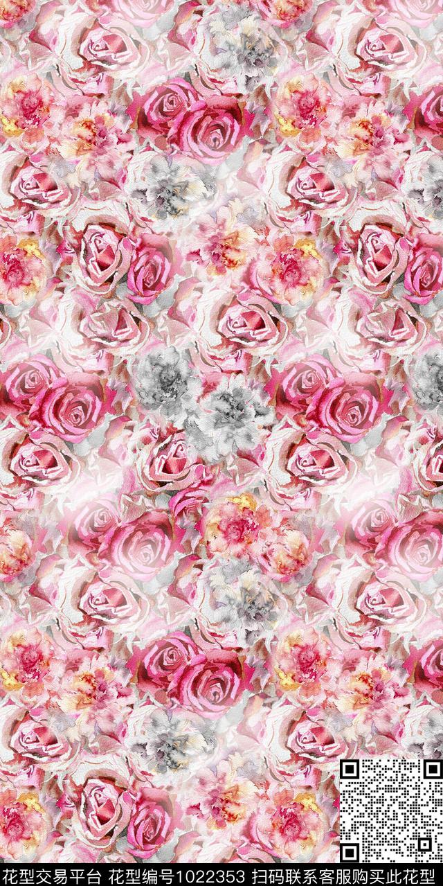 淑女手绘玫瑰水彩花卉数码印花华亿平台下载（图片编号: 1022353） - 瓦栏（Walan）