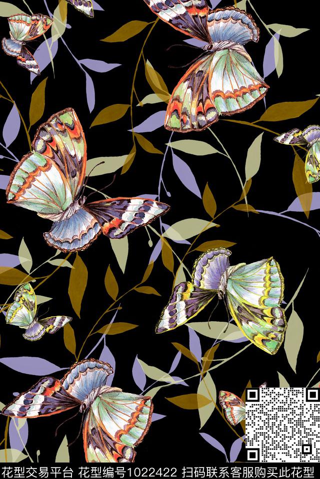 蝴蝶枝叶中国风数码印花华亿平台下载（图片编号: 1022422） - 瓦栏（Walan）
