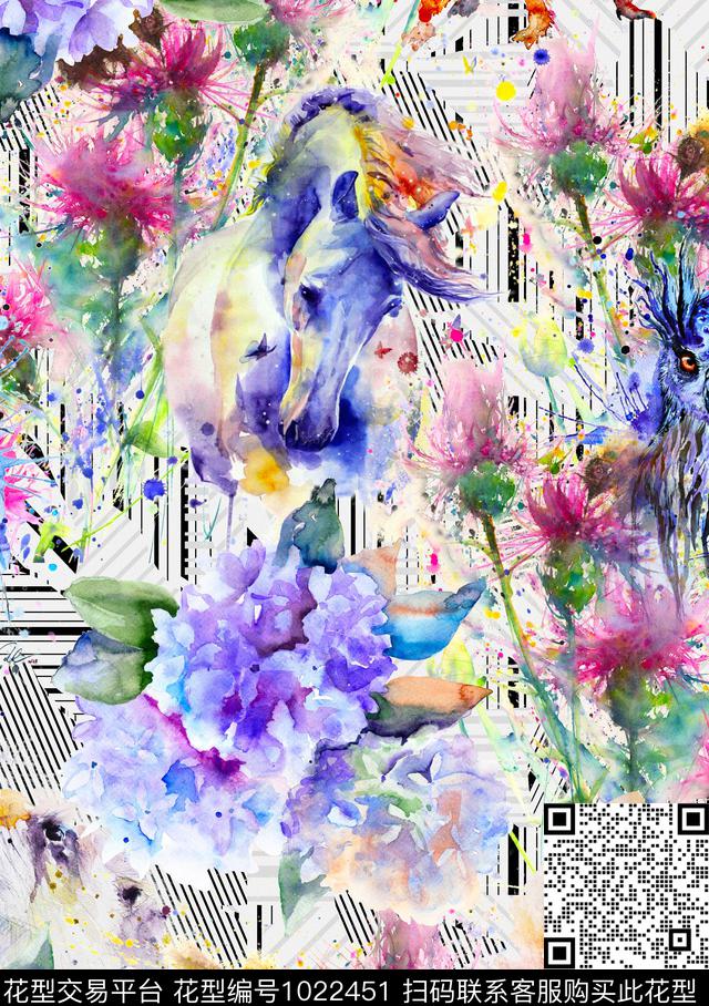猫头鹰抽象花卉水彩花卉数码印花华亿平台下载（图片编号: 1022451） - 瓦栏（Walan）