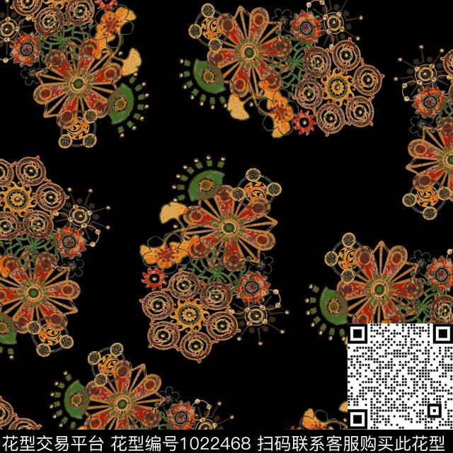 数码华亿平台黑底花卉民族风数码印花华亿平台下载（图片编号: 1022468） - 瓦栏（Walan）