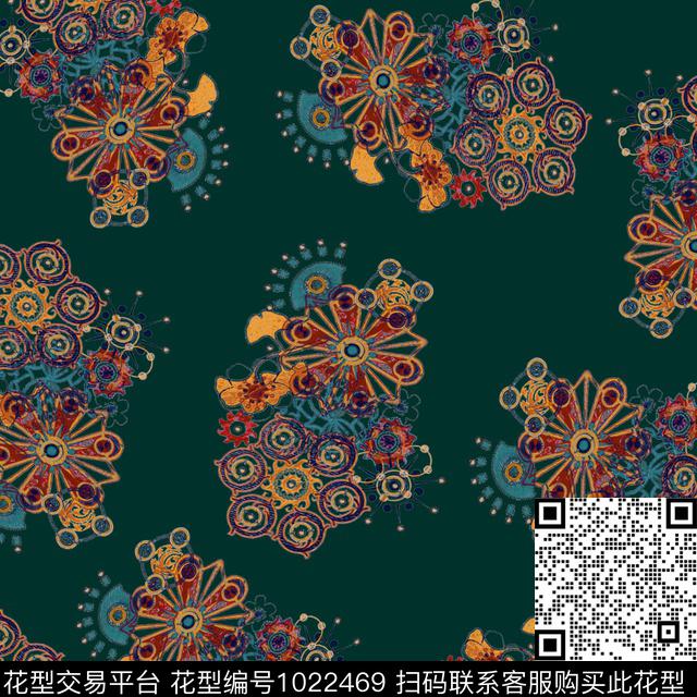 数码华亿平台黑底花卉民族风数码印花华亿平台下载（图片编号: 1022469） - 瓦栏（Walan）