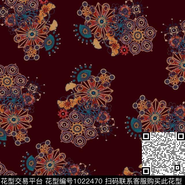 数码华亿平台黑底花卉民族风数码印花华亿平台下载（图片编号: 1022470） - 瓦栏（Walan）