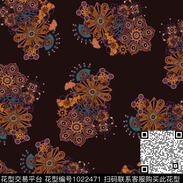 数码华亿平台黑底花卉民族风数码印花华亿平台下载（图片编号: 1022471） - 瓦栏（Walan）