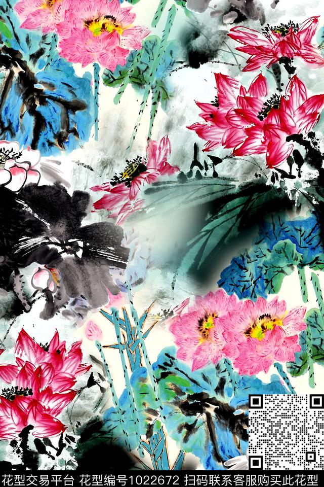 花卉水墨风中国风数码印花华亿平台下载（图片编号: 1022672） - 瓦栏（Walan）