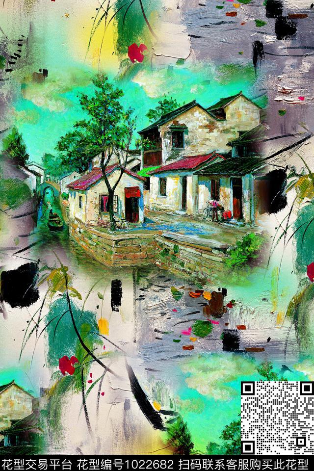 风景景观年轻女性手绘花卉数码印花华亿平台下载（图片编号: 1022682） - 瓦栏（Walan）