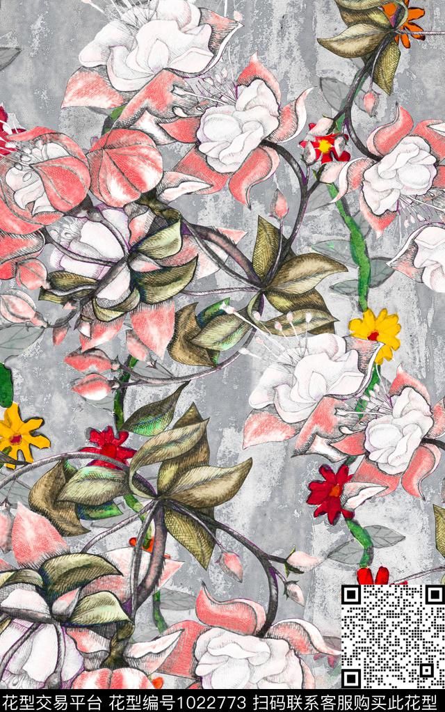 数码华亿平台线条花卉花卉数码印花华亿平台下载（图片编号: 1022773） - 瓦栏（Walan）
