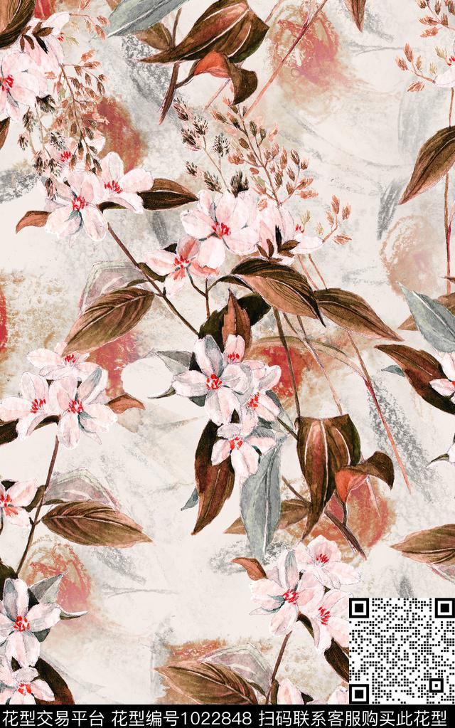 数码华亿平台花卉笔触数码印花华亿平台下载（图片编号: 1022848） - 瓦栏（Walan）