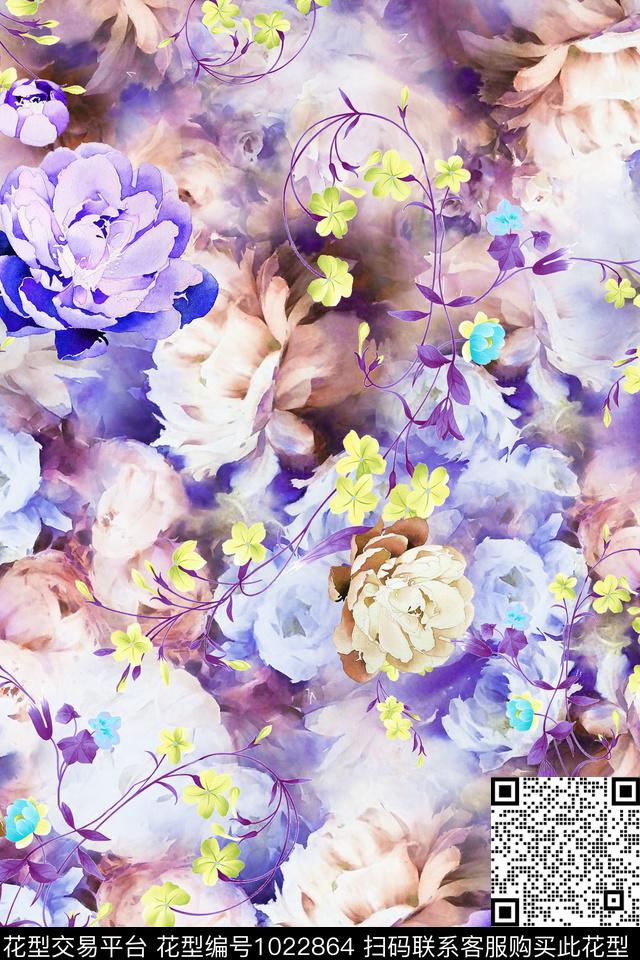 数码华亿平台素雅水彩花卉数码印花华亿平台下载（图片编号: 1022864） - 瓦栏（Walan）