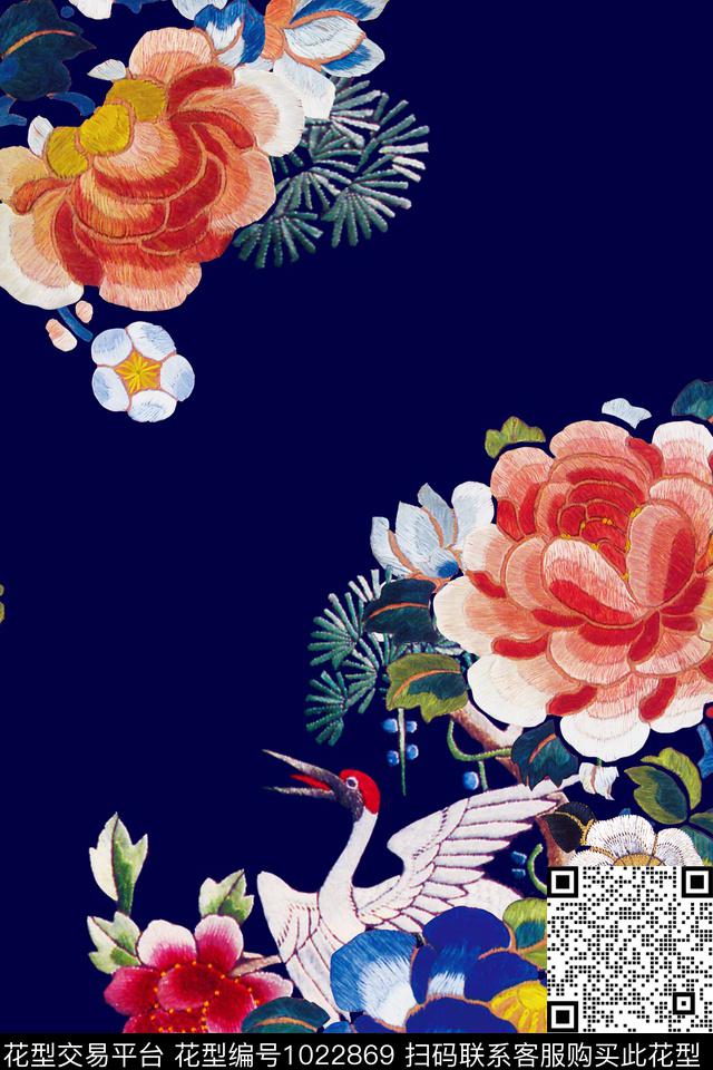 中国风绣花华亿平台仙鹤数码印花华亿平台下载（图片编号: 1022869） - 瓦栏（Walan）