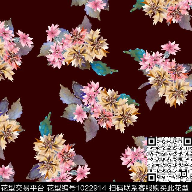 黑底花卉民族风大牌风数码印花华亿平台下载（图片编号: 1022914） - 瓦栏（Walan）