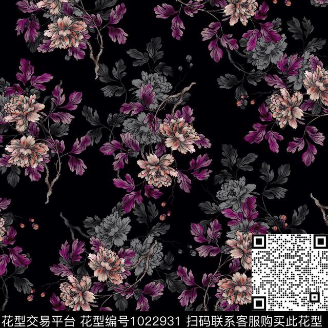 数码华亿平台黑底花卉民族风数码印花华亿平台下载（图片编号: 1022931） - 瓦栏（Walan）