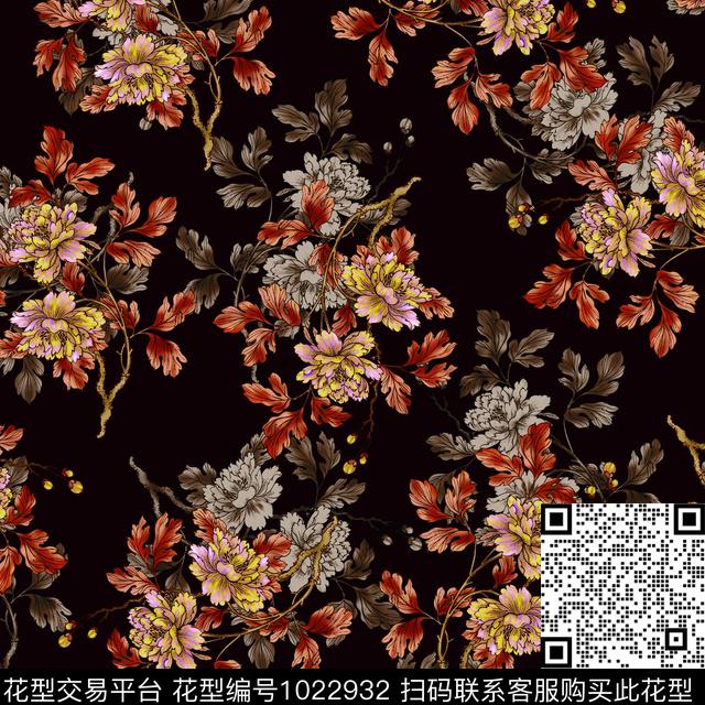 数码华亿平台黑底花卉民族风数码印花华亿平台下载（图片编号: 1022932） - 瓦栏（Walan）