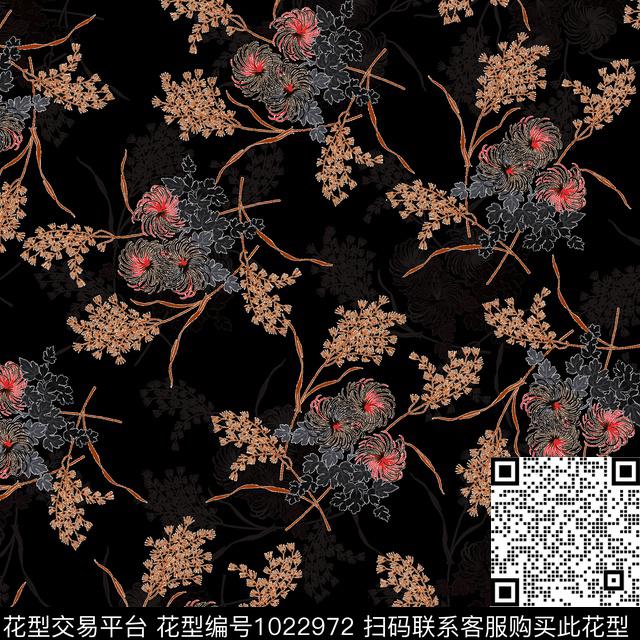 数码华亿平台黑底花卉民族风数码印花华亿平台下载（图片编号: 1022972） - 瓦栏（Walan）