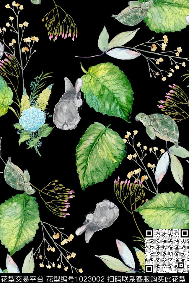 黑底花卉水彩花卉乌龟数码印花华亿平台下载（图片编号: 1023002） - 瓦栏（Walan）