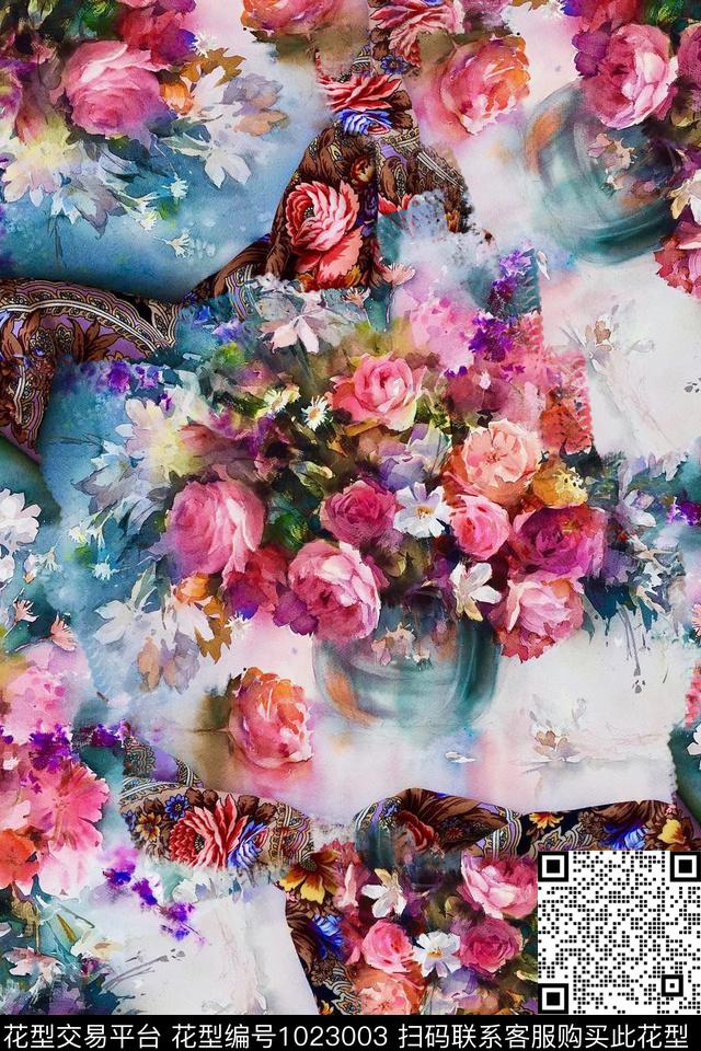 数码华亿平台水彩花卉混合拼接数码印花华亿平台下载（图片编号: 1023003） - 瓦栏（Walan）