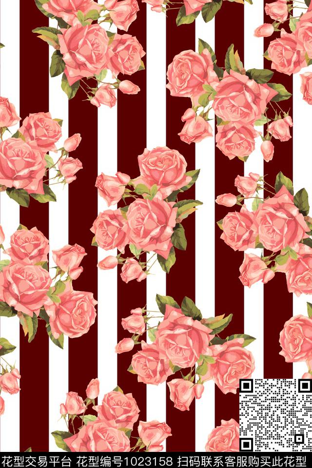 条纹花卉复古数码印花华亿平台下载（图片编号: 1023158） - 瓦栏（Walan）