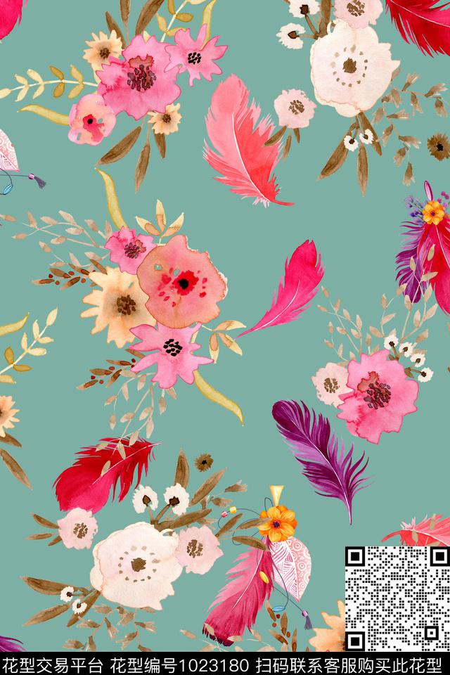 水彩花卉羽毛花卉数码印花华亿平台下载（图片编号: 1023180） - 瓦栏（Walan）