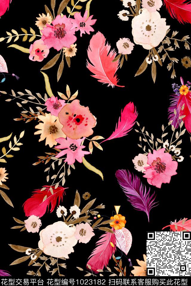 水彩花卉羽毛花卉数码印花华亿平台下载（图片编号: 1023182） - 瓦栏（Walan）