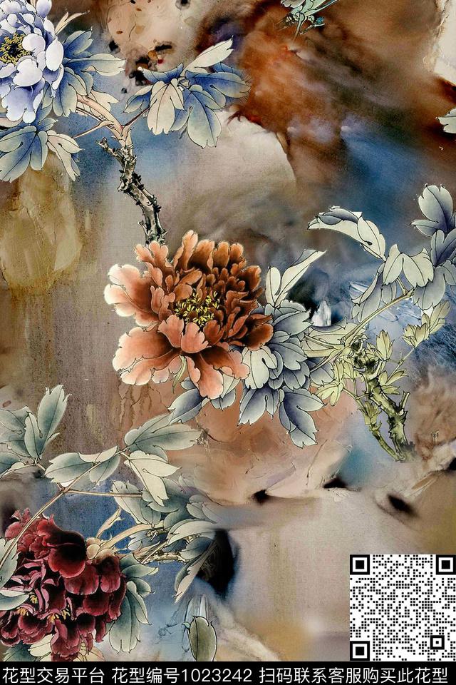 牡丹花卉中国风数码印花华亿平台下载（图片编号: 1023242） - 瓦栏（Walan）