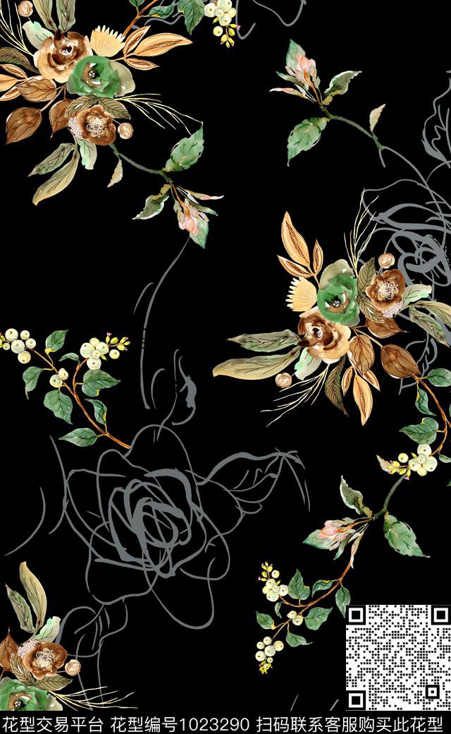 黑底花卉水彩花卉写意数码印花华亿平台下载（图片编号: 1023290） - 瓦栏（Walan）
