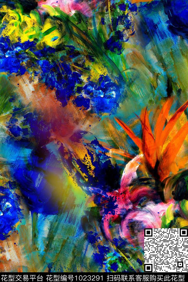 抽象水彩花卉几何数码印花华亿平台下载（图片编号: 1023291） - 瓦栏（Walan）