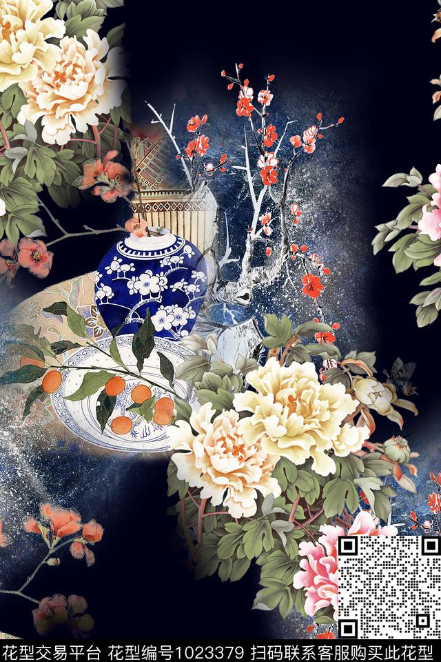复古中国风牡丹数码印花华亿平台下载（图片编号: 1023379） - 瓦栏（Walan）