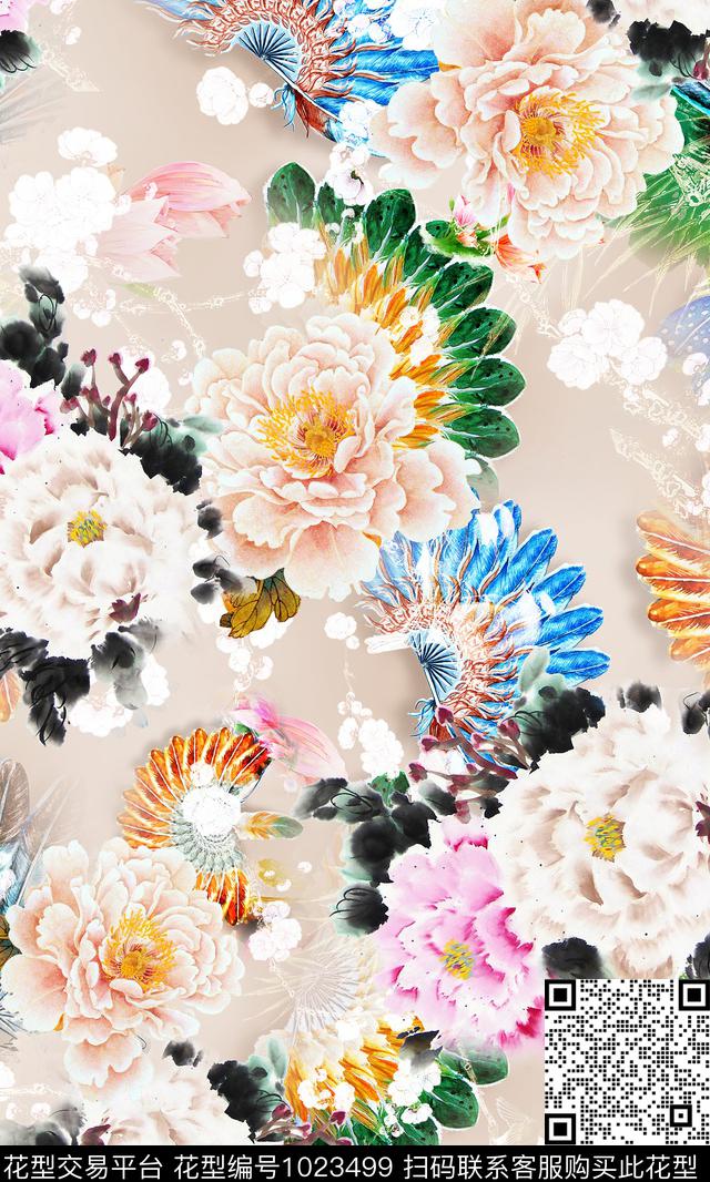 肌理羽毛牡丹数码印花华亿平台下载（图片编号: 1023499） - 瓦栏（Walan）
