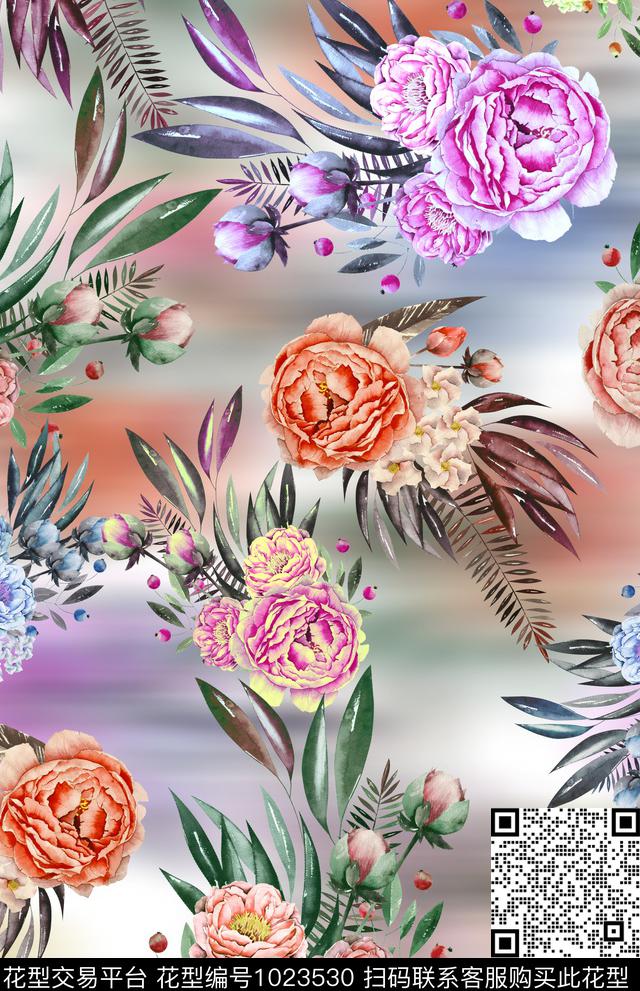 水彩花卉手绘花卉数码印花华亿平台下载（图片编号: 1023530） - 瓦栏（Walan）