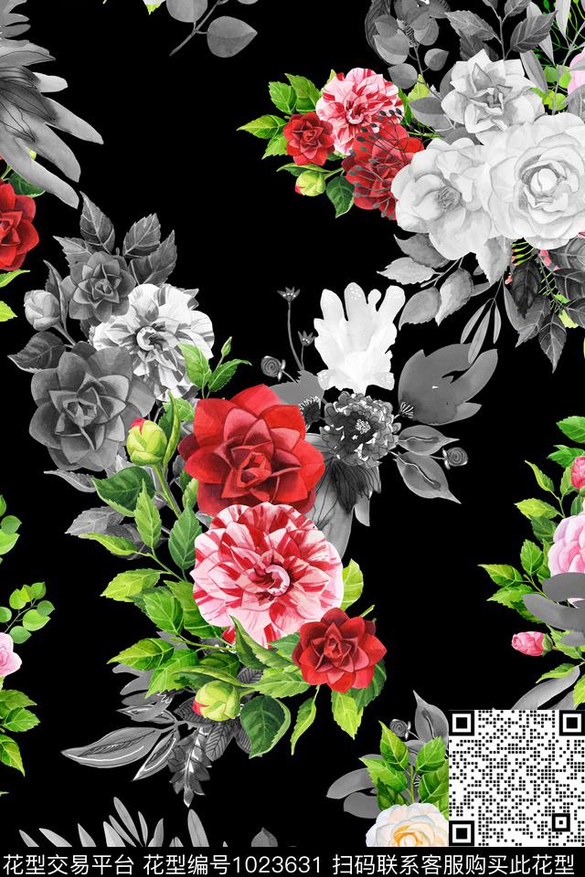 黑底花卉黑白华亿平台彩色花卉数码印花华亿平台下载（图片编号: 1023631） - 瓦栏（Walan）