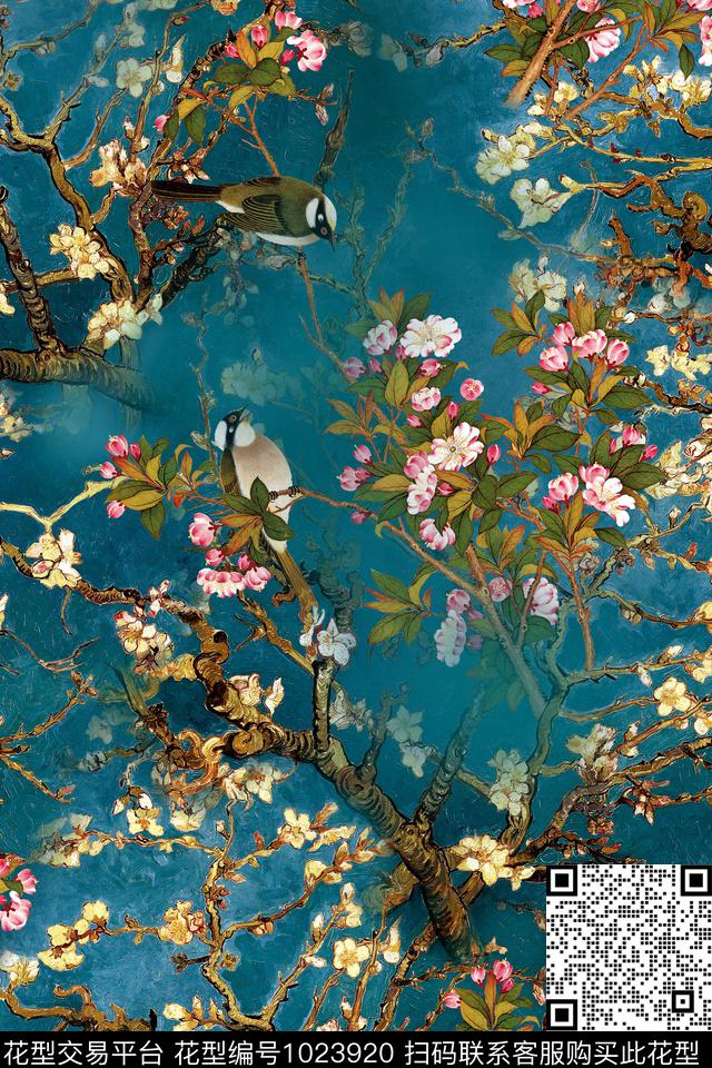 鸟水彩花卉年轻女性数码印花华亿平台下载（图片编号: 1023920） - 瓦栏（Walan）