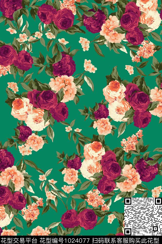 花卉满版散花蔷薇花数码印花华亿平台下载（图片编号: 1024077） - 瓦栏（Walan）