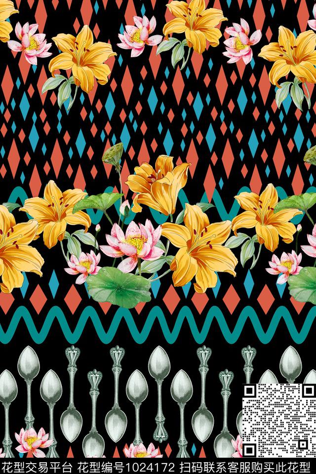 花卉菱形波浪线数码印花华亿平台下载（图片编号: 1024172） - 瓦栏（Walan）