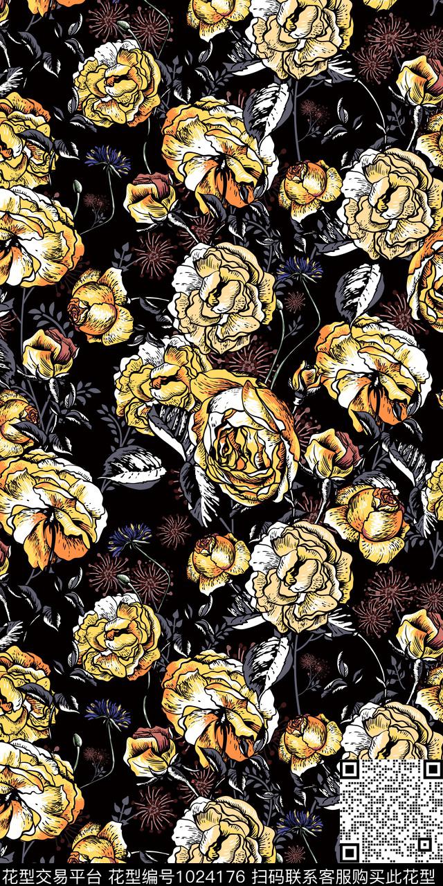 手绘花卉年轻女性大牌风数码印花华亿平台下载（图片编号: 1024176） - 瓦栏（Walan）