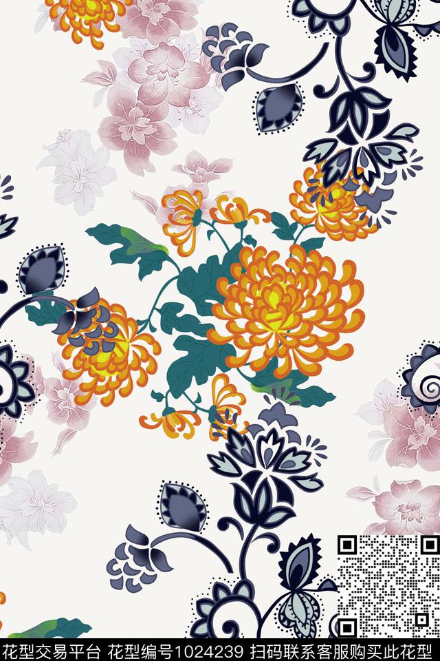 菊花复古中国风数码印花华亿平台下载（图片编号: 1024239） - 瓦栏（Walan）
