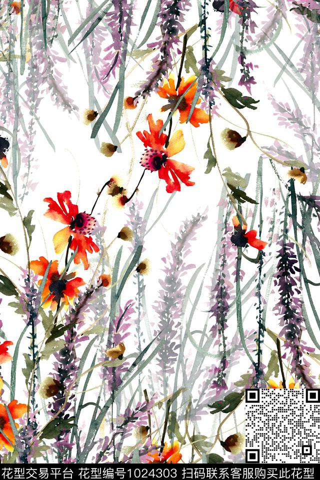 数码华亿平台水彩花卉手绘花卉数码印花华亿平台下载（图片编号: 1024303） - 瓦栏（Walan）